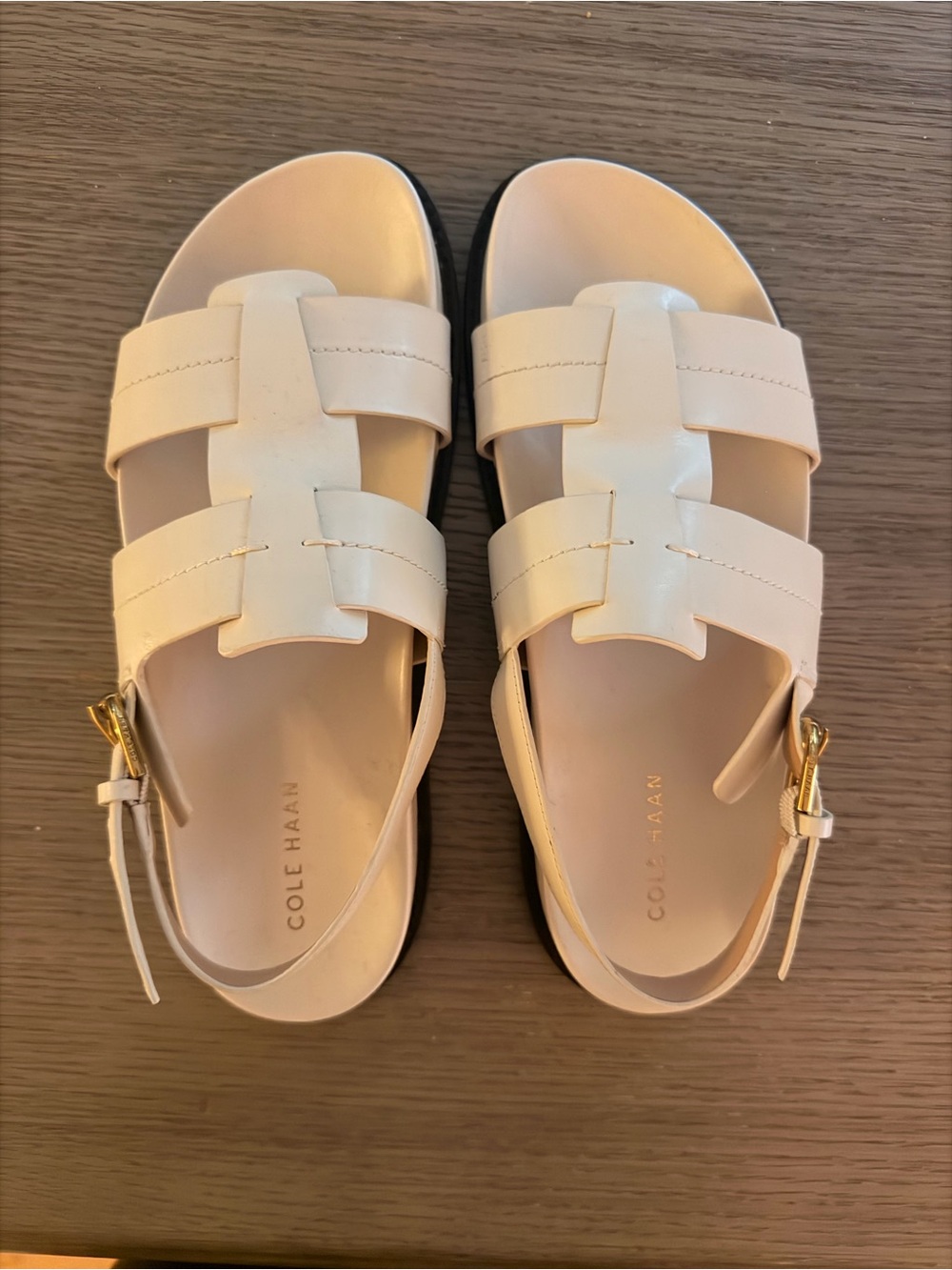 Cole Haan Cream Leather Slingback Sandals with Gold Buckles
